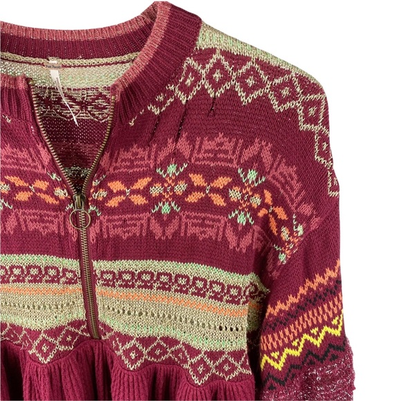 Free People Cozy Cabin Winter Fair Isle Peplum Sweater in Pomegranate Wine XS - Picture 6 of 11